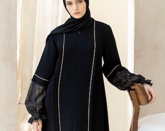 Hochwertiges, UV-beständiges schwarzes Spitzen-Abaya-Kleid mit Hijab
