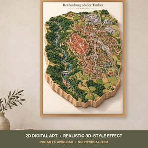Op de afbeelding: Een ingelijste muurkunstprint met een 3D-stijl kaart van Rothenburg ob der Tauber, Duitsland. De illustratie toont een gedetailleerd luchtfoto-aanzicht van de stad met rode daken, groene bossen en een kronkelende blauwe rivier in een lijst.