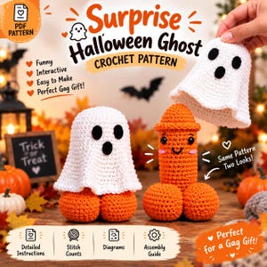 Puede incluir: Un patrón de ganchillo para un Surprise Halloween Ghost, con una funda de fantasma blanca que se ajusta sobre un juguete naranja de forma fálica. La imagen muestra los artículos de ganchillo terminados, etiquetas de texto e iconos para un patrón PDF, instrucciones detalladas, conteo de puntos, diagramas y una guía de montaje.