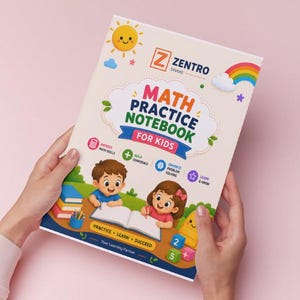 Könnte beinhalten: Ein rechteckiges Mathe-Übungsheft für Kinder mit weißem Einband, verziert mit einer Cartoon-Sonne, einem Regenbogen und zwei lernenden Kindern. Der Text lautet ZENTRO STUDIO, MATH PRACTICE NOTEBOOK FOR KIDS, PRACTICE-LEARN-SUCCEED und Your Learning Partner.