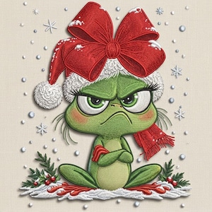 Grumpy Green Frog Christmas, Cute Holiday Monste Embroidery Design, Instant Download Dst Pe