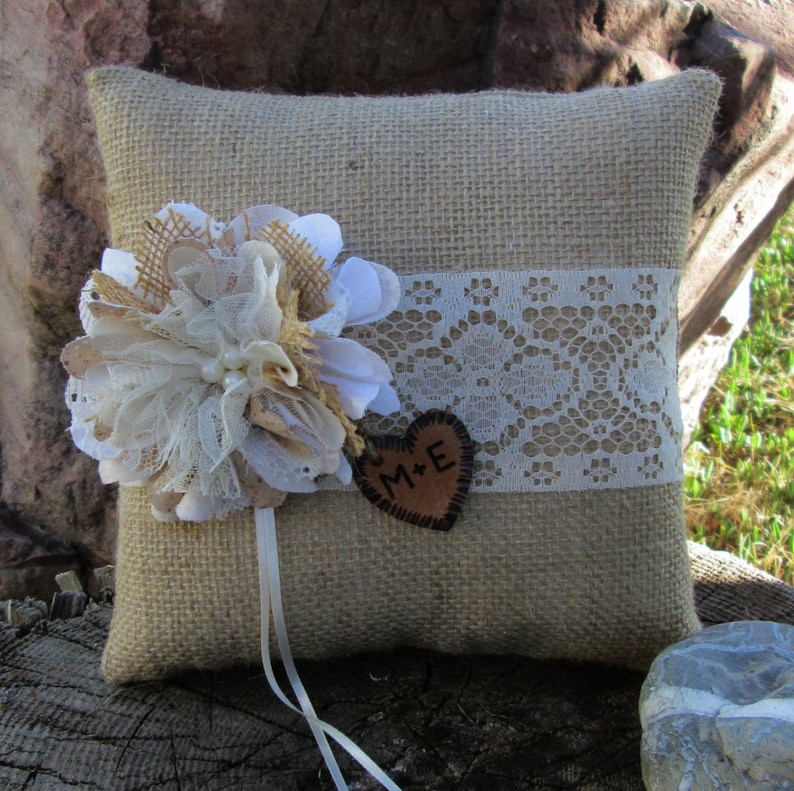 Personalized Ring Bearer Pillow Burlap and Lace Wedding Burlap Pillow -Ring Bearer -Barn Wedding -Summer Wedding Rustic Wedding Pillow