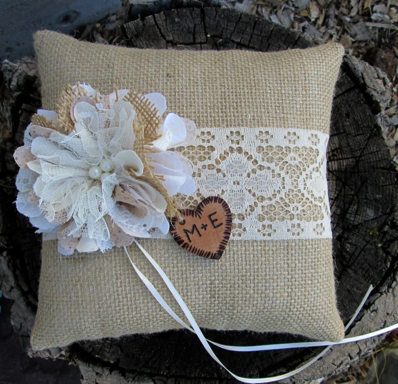 Personalized Ring Bearer Pillow Burlap and Lace Wedding Burlap Pillow -Ring Bearer -Barn Wedding -Summer Wedding Rustic Wedding Pillow