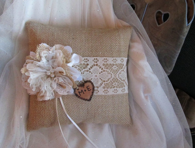 Personalized Ring Bearer Pillow Burlap and Lace Wedding Burlap Pillow -Ring Bearer -Barn Wedding -Summer Wedding Rustic Wedding Pillow