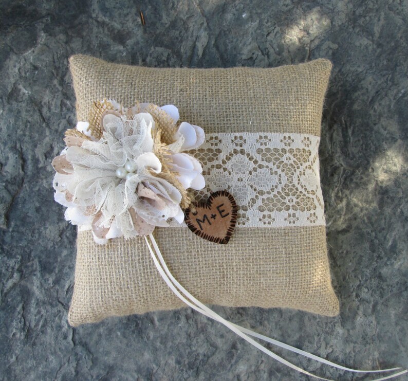 Personalized Ring Bearer Pillow Burlap and Lace Wedding Burlap Pillow -Ring Bearer -Barn Wedding -Summer Wedding Rustic Wedding Pillow