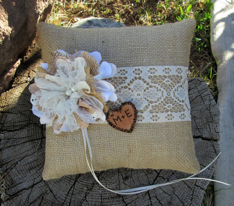 Personalized Ring Bearer Pillow Burlap and Lace Wedding Burlap Pillow -Ring Bearer -Barn Wedding -Summer Wedding Rustic Wedding Pillow