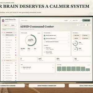 May include: A digital ADHD Planner Pro interface displayed on a screen, featuring a command center dashboard with progress circles, task lists, and time tracking modules. The layout uses a soft beige and sage green color palette with text labels.