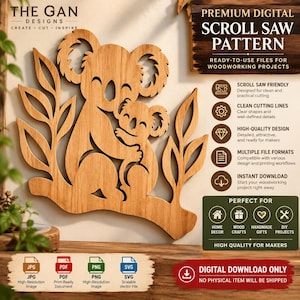 May include: A wooden scroll saw pattern featuring a koala parent and joey sitting on a branch. The design includes text such as THE GAN DESIGNS, PREMIUM DIGITAL SCROLL SAW PATTERN, and various icons indicating file formats like JPG, PDF, PNG, and SVG.