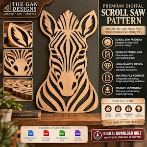 Può includere: Un modello digitale per traforo con un design a testa di zebra in legno. L'immagine include testo come THE GAN DESIGNS, PREMIUM DIGITAL SCROLL SAW PATTERN e dettagli sui formati di file come JPG, PDF, PNG e SVG per la lavorazione del legno.