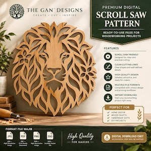 Peut inclure: Un modèle numérique pour scie à chantourner représentant une tête de lion stylisée avec une crinière aux détails fluides. Le texte indique THE GAN DESIGNS, PREMIUM DIGITAL SCROLL SAW PATTERN, et liste des caractéristiques comme des lignes de coupe nettes et divers formats de fichiers. Inclut des icônes JPG, PDF, PNG et SVG.