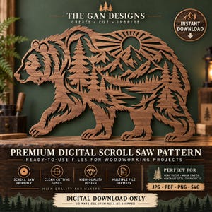 May include: A brown wooden cutout of a bear silhouette featuring an intricate interior landscape design of pine trees, mountains, and a sun. The text reads THE GAN DESIGNS, INSTANT DOWNLOAD, PREMIUM DIGITAL SCROLL SAW PATTERN, and DIGITAL DOWNLOAD ONLY.