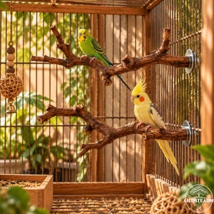 Könnte beinhalten: Ein Vogelkäfig mit zwei Sitzstangen aus Naturholz, die an den Gitterwänden befestigt sind. Ein grüner Wellensittich sitzt auf dem oberen Ast, während ein gelber Nymphensittich auf dem unteren Ast ruht. Links hängt ein Holzspielzeug mit einer Glocke.
