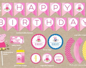 CUSTOM Peppa Pig Birthday Party Printables / Banner / Cupcake Toppers / Juice Box Wraps / Table Tents / Favor Tags / Muddy Puddle / Fairy