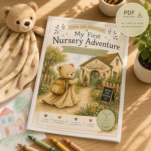 May include: A soft beige teddy bear plush toy next to a colouring book titled My First Nursery Adventure. The book cover features an illustration of a bear with a backpack in front of a nursery building, with text detailing activities and benefits.