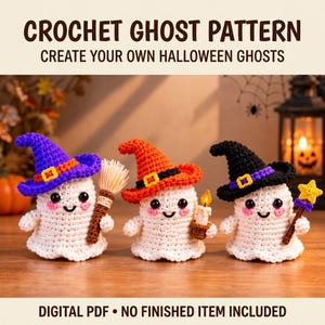 Crochet Ghost Pattern PDF, Halloween Amigurumi Ghost, Witch Hat Crochet Pattern, Cute Spooky Decor, Digital Download