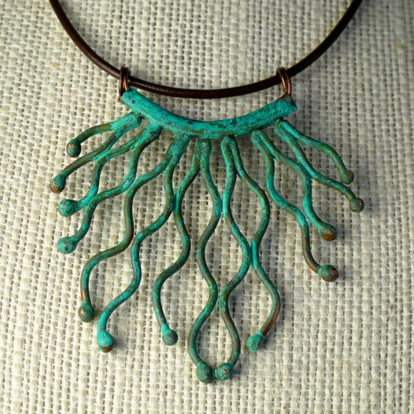 Copper Pendant Karen Hill Tribe Thailand, Squiggly Lines, Verdigris Patina, Smooth Brown 2mm Leather Cord, Sterling Silver Clasp, PN0142