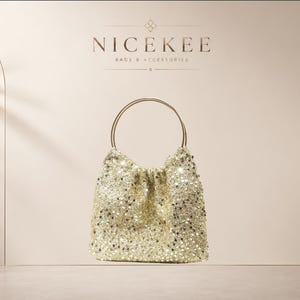 May include: A gold sequinned handbag featuring a circular metal handle. The bag has a gathered top design and is covered in shimmering, reflective gold sequins. Above the bag, the text NICEKEE BAGS & ACCESSORIES is displayed in a dark font.