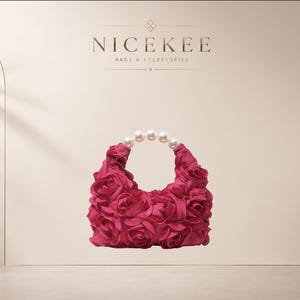 Borsa fucsia a rosa con manico di perle, borsa floreale da sera