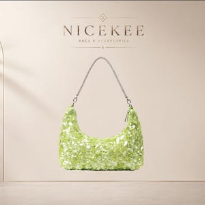 May include: A lime green hobo-style handbag covered in shimmering sequins with a silver-toned metallic chain strap. The bag features a curved silhouette and a zip closure. Above the bag, the text NICEKEE BAGS & ACCESSORIES is displayed.