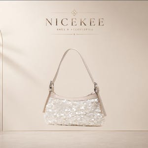 Ivory Sequin Shoulder Bag, White Evening Handbag with Slim Strap