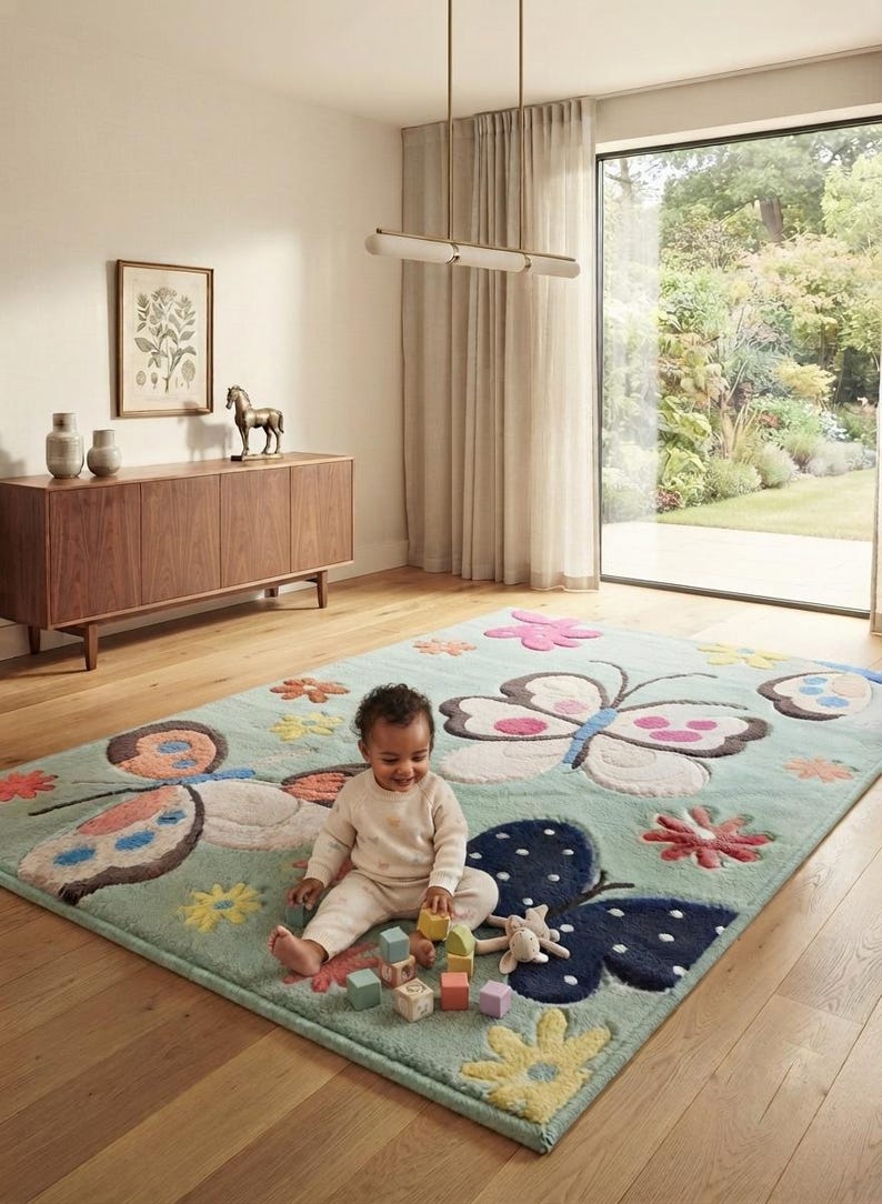 Pink Butterfly Rugs Butterfly Nursery Rug, Kids Room Rug, Handmade Tufted Rug, Colorful ...