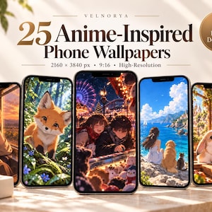 May include: A digital collection of 25 anime-inspired phone wallpapers displayed on five smartphones. The text reads: VELNORYA, 25 Anime-Inspired Phone Wallpapers, 2160 x 3840 px, 9:16, High-Resolution, and Instant Download with a gold circular icon.