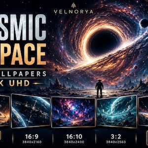 Puede incluir: Una colección digital titulada COSMIC & SPACE que incluye 30 archivos y 10 fondos de pantalla en resolución 4K UHD. El gráfico principal muestra un agujero negro, un astronauta en un planeta rocoso y cinco vistas previas de escenas espaciales.