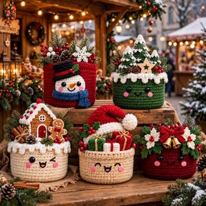 May include: Five crocheted baskets with festive holiday themes. One red basket features a snowman, a green one has pine trees, a cream one holds a gingerbread house, another cream one has a Santa hat and gifts, and a dark red one features bells.