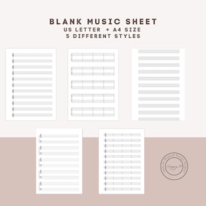 Pode incluir: Cinco estilos de folhas de música em branco nos tamanhos US Letter e A4. O texto diz BLANK MUSIC SHEET, US LETTER + A4 SIZE, 5 DIFFERENT STYLES. As folhas apresentam vários layouts de pautas com claves de sol e fá, e um logótipo circular.