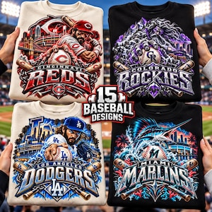 May include: Four sweatshirts featuring graphic baseball designs for the Cincinnati Reds, Colorado Rockies, Los Angeles Dodgers, and Miami Marlins. Each shirt displays a team player or mascot, a baseball, bats, and the text 15 BASEBALL DESIGNS.