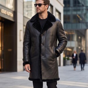 Men's Black Leather Trench Coat | Faux Fur Shearling Lined | Vintage Style Winter Overcoat.