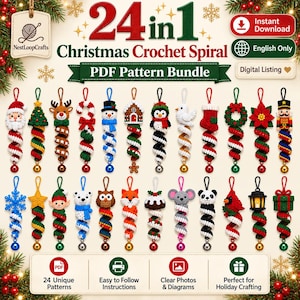 May include: A digital listing for a 24 in 1 Christmas Crochet Spiral PDF pattern bundle. The image displays 24 unique crochet ornaments featuring holiday characters like Santa, a reindeer, a snowman, and a nutcracker, each with a spiral base and bell.