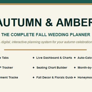 Puede incluir: Un planificador de bodas digital titulado AUTUMN & AMBER THE COMPLETE FALL WEDDING PLANNER. Incluye 28 pestañas interactivas, un panel de control, presupuesto automático, rastreador de invitados y RSVP, creador de planos de asientos, lista de verificación mensual, rastreador de proveedores, guía de decoración de otoño y planificador de luna de miel.