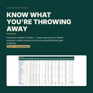 Könnte beinhalten: Eine digitale Inventar- und Abfall-Tracking-Tabelle für Cafés mit dem Text 'KNOW WHAT YOU'RE THROWING AWAY' und 'Inventory & Waste Tracker'. Das Dokument ist mit Excel und Google Sheets kompatibel und zeigt eine wöchentliche Zähltabelle.
