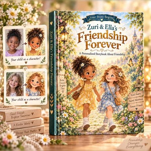 Może przedstawiać: Spersonalizowana książka z twardą oprawą zatytułowana Zuri & Ella's Friendship Forever, przedstawiająca ilustrację dwojga dzieci idących ścieżką. Okładka zawiera tekst, motyla i elementy kwiatowe. Dwa zdjęcia pokazują dzieci przekształcone w postacie z książki.