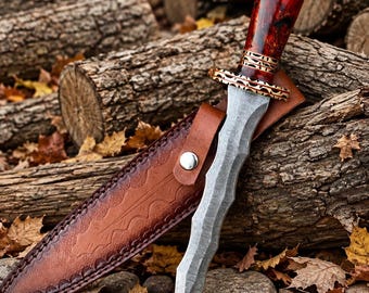 Handgefertigter Athame-Dolch aus Damaszenerstahl, kunstvoll verzierter Zeremoniendolch, Wicca-Athame mit Lederscheide, Sammlerstück, Geschenk für den Freund