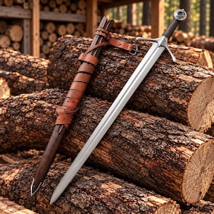 May include: A steel sword with a silver-toned crossguard and a dark handle featuring a round pommel. Beside the sword lies a dark brown wooden scabbard wrapped in brown leather straps with a metal buckle, resting on a stack of cut logs.