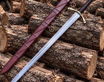 Handmade Medieval Knight Sword Replica with Scabbard, Crusader Sword with Leather Grip, Fantasy Decor, Historical Collectible Sword Gift