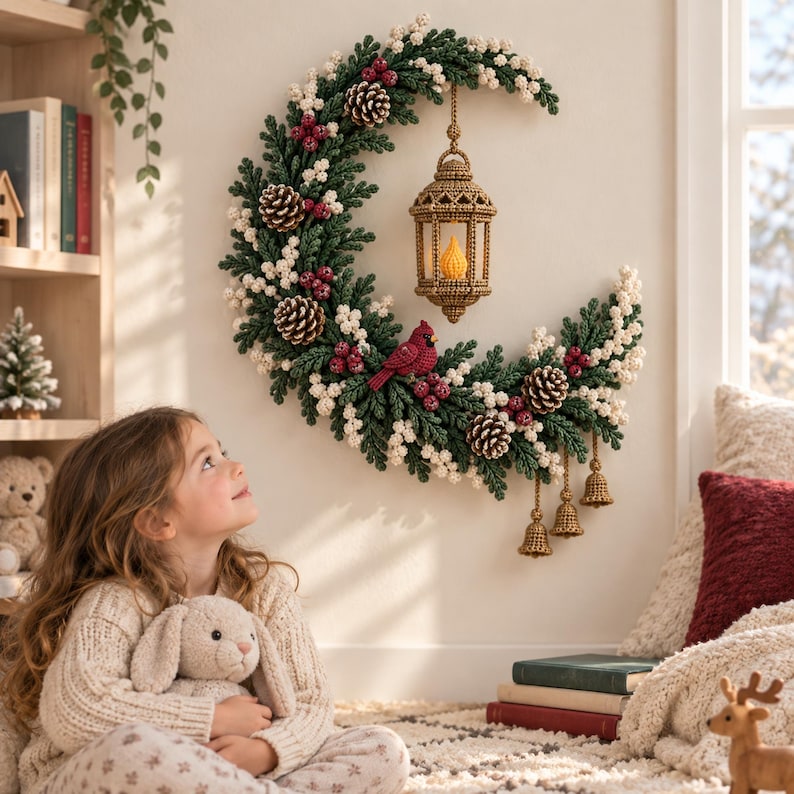 May include: A crescent moon-shaped wall wreath crafted from dark green foliage, white berries, and brown pinecones. A crocheted tan lantern hangs from the center, featuring a glowing yellow light. A red bird and small hanging bells decorate the wreath.