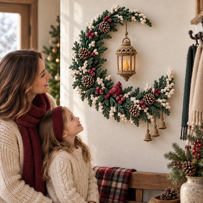 May include: A crescent moon-shaped wall wreath crafted from green pine needles, white berries, and brown pinecones. A crocheted lantern hangs from the center, featuring a warm light. A red cardinal bird and three small hanging bells decorate the wreath.