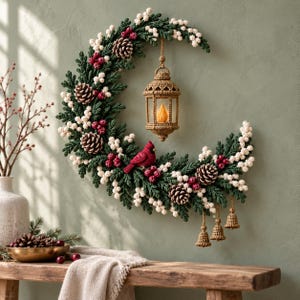 Crochet Christmas Wreath Pattern PDF, Lantern Crochet Wreath Pattern, Holiday DIY Crochet Patterns, Christmas Decor with Frosted Berries