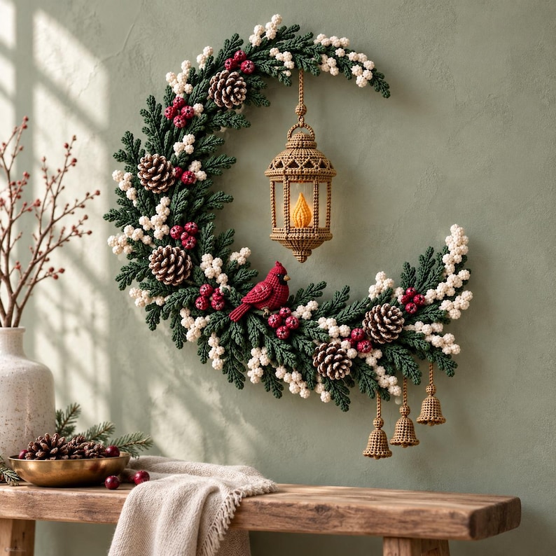 Nordic Winter Lantern Crescent Wreath Crochet Pattern (PDF)
