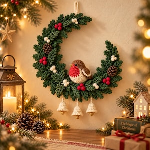 May include: A crescent-shaped crochet wreath featuring dark green pine needles, red berries, white berries, and brown pinecones. A small crochet robin with a red breast sits in the center. Three small white crochet bells hang from the bottom.