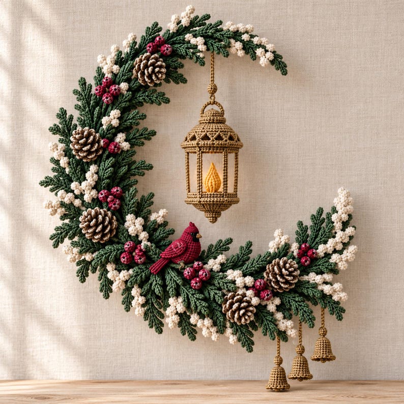 Nordic Winter Lantern Crescent Wreath Crochet Pattern (PDF)