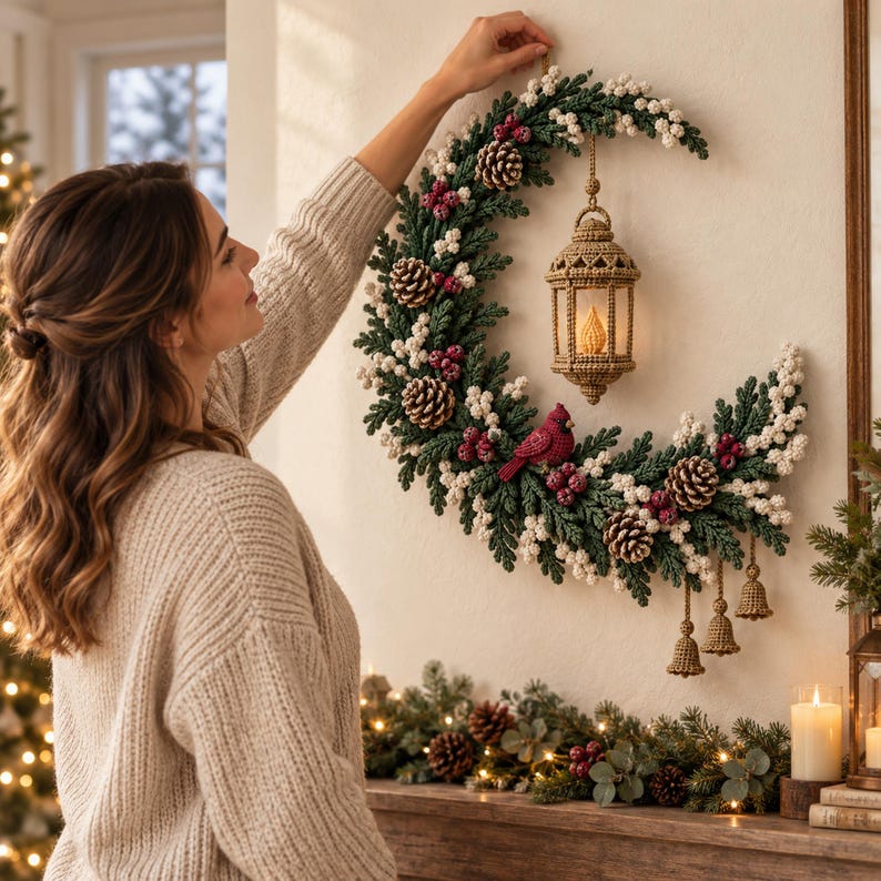 May include: A crescent-shaped wall wreath crafted from green foliage, white berries, and brown pinecones. A beige macrame lantern hangs from the center, featuring a warm light. A small red bird figure is attached, with three small bell ornaments below.