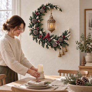 May include: A crescent moon-shaped wall wreath crafted from dark green pine needles, white berries, and brown pinecones. A beige macrame lantern hangs from the center, accompanied by a red cardinal figurine and three small hanging gold bells.