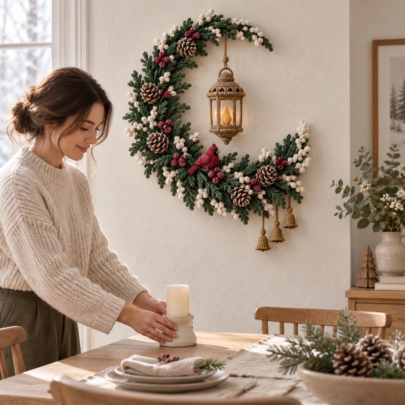 May include: A crescent moon-shaped wall wreath crafted from dark green pine needles, white berries, and brown pinecones. A beige macrame lantern hangs from the center, accompanied by a red cardinal figurine and three small hanging gold bells.
