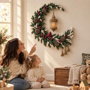 May include: A crescent moon-shaped wall wreath crafted from green foliage, white berries, and pinecones. A red bird sits on the wreath, which features a hanging crocheted lantern in the center and three small crocheted bells dangling from the bottom.