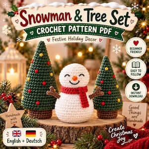 Wzór szydełkowy na bałwana bożonarodzeniowego w formacie PDF, zestaw miniaturowych choinek amigurumi, przyjazna dla początkujących dekoracja stołu świątecznego, pomysł na prezent świąteczny