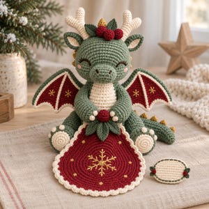 May include: A crocheted green dragon plush toy with cream-colored antlers, wings with dark red accents, and a smiling expression. It holds a dark red circular mat featuring a gold embroidered snowflake and small gold stars, with a small oval tag nearby.